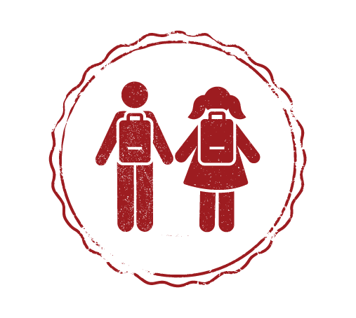 Boy and girl with backpacks stamp