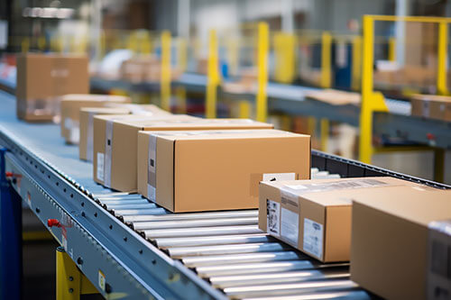 Conveyor belt with multiple packages on line in factory.