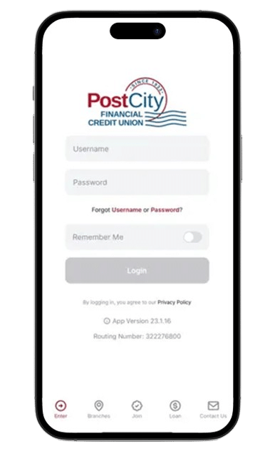 Mobile banking login screen on Post City Financial CU's mobile app.