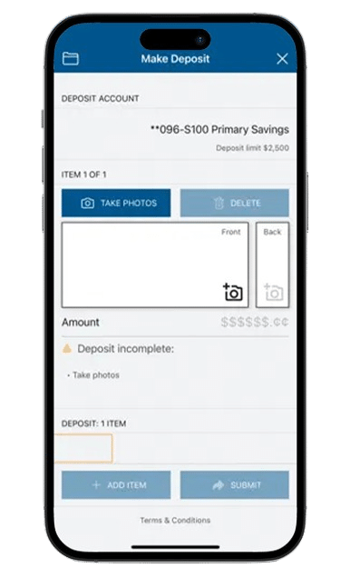 Deposit screen on Post City Financial CU's mobile app.
