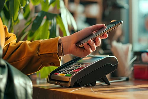 Person using mobile wallet at checkout counter in store.