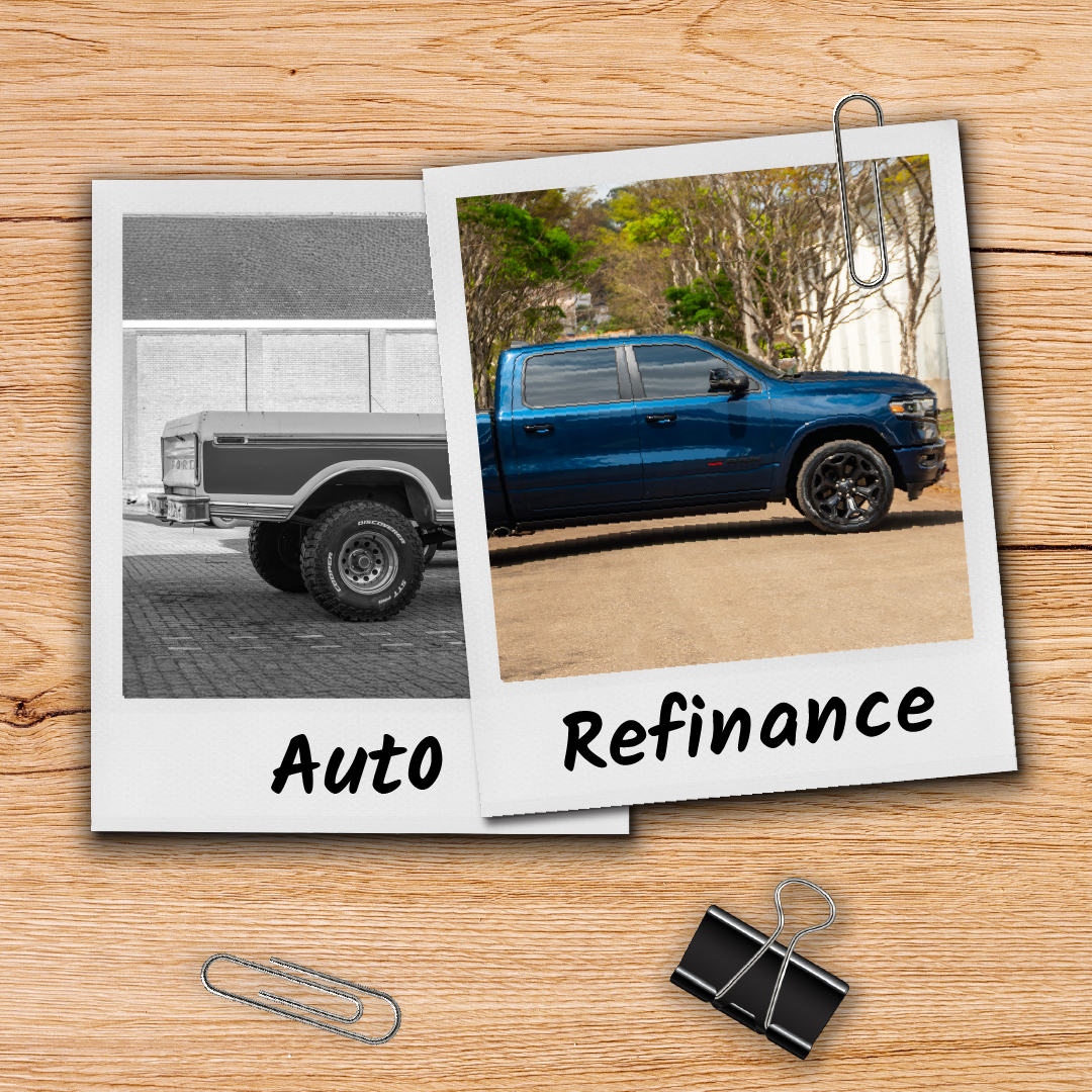 Split images show an old car labeled "Auto" and a new car labeled "Refinance."