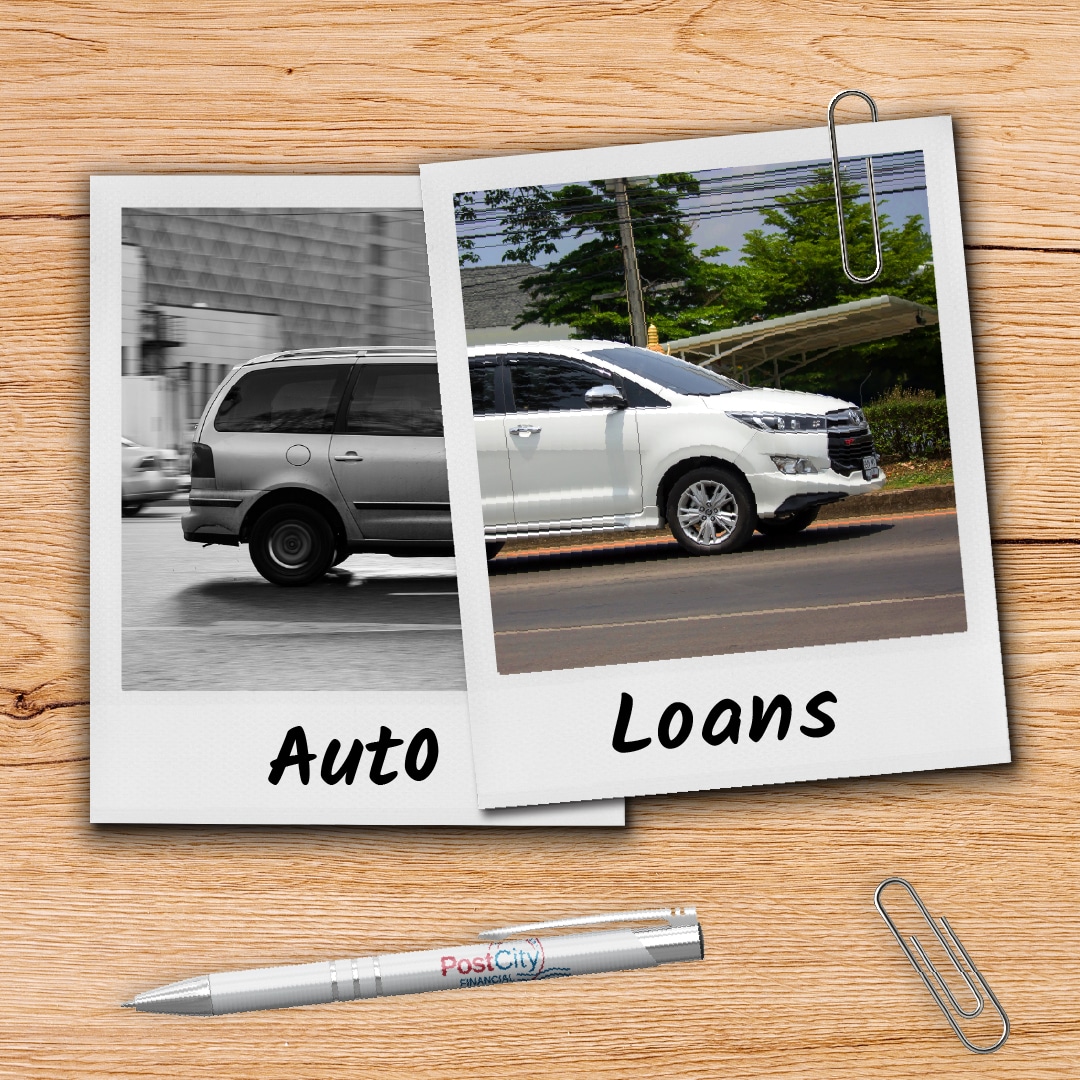 Split images show an old car labeled "Auto" and a new car labeled "Loans."