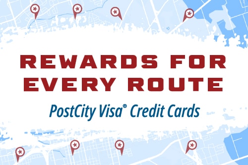 "Text 'Rewards for Every Route' above 'PostCity Visa Credit Cards' on a stylized city map with location pins, conveying convenience and rewards."