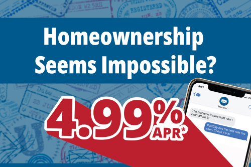 Text saying 'Homeownership Seems Impossible?' above a red banner with '4.99% APR*'. An image of a smartphone displays a text conversation.